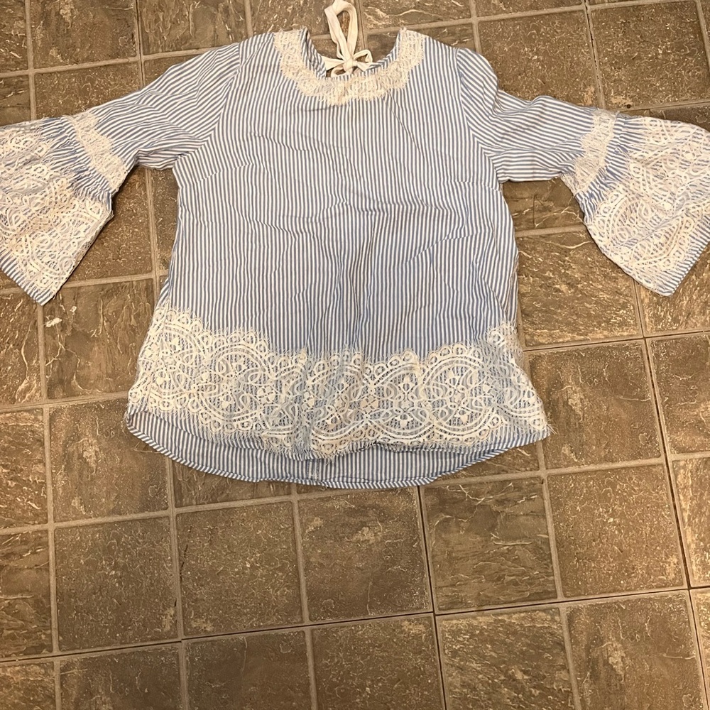 Blue Striped Kids Top with Lace Accents
